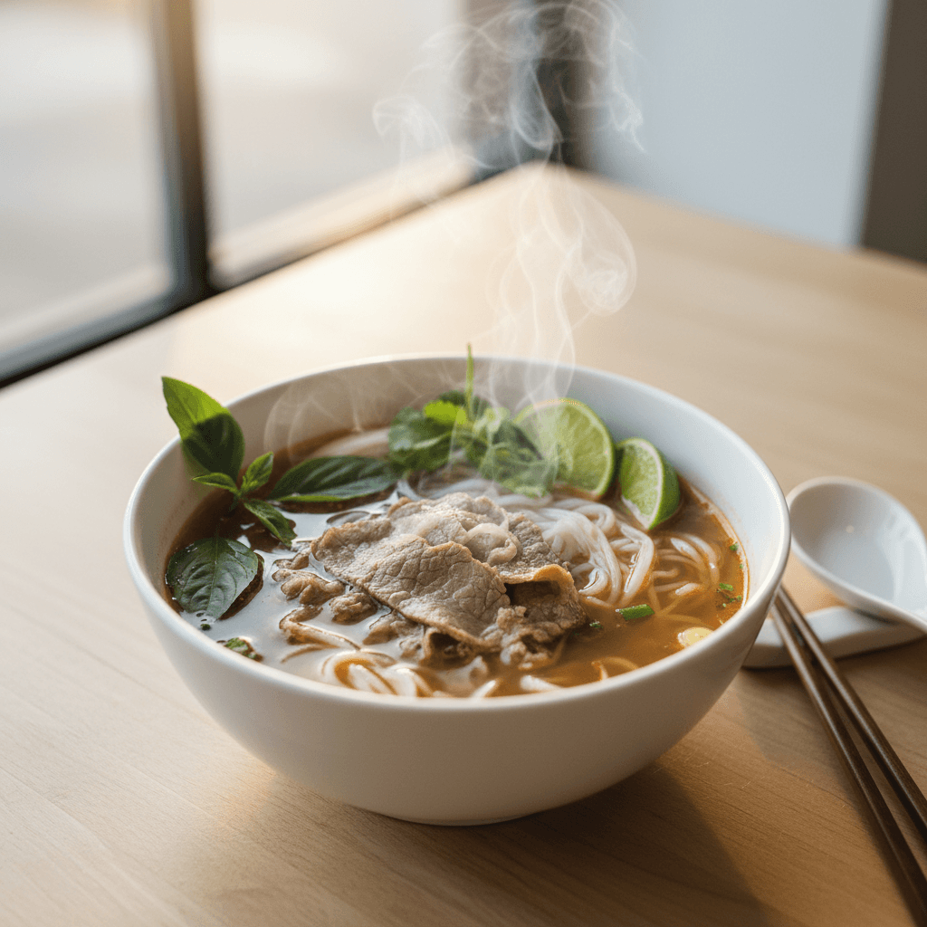 Bowl of steaming pho with fresh herbs on a wooden table at Quán Xá Viet Kitchen