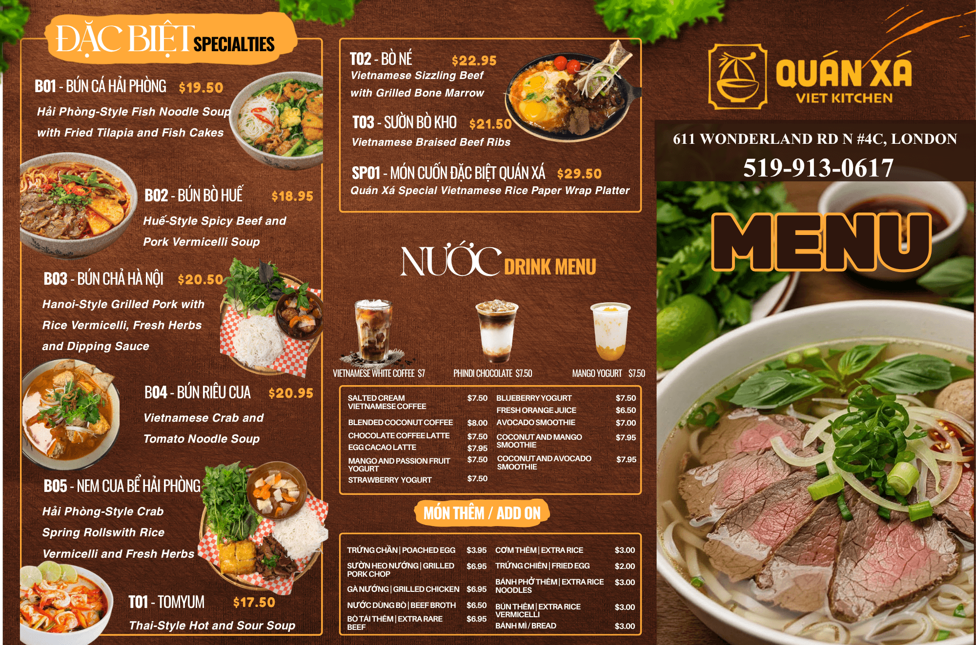 Vietnamese menu for Quán Xá Viet Kitchen with photos of specialties, drinks, and add-on options.