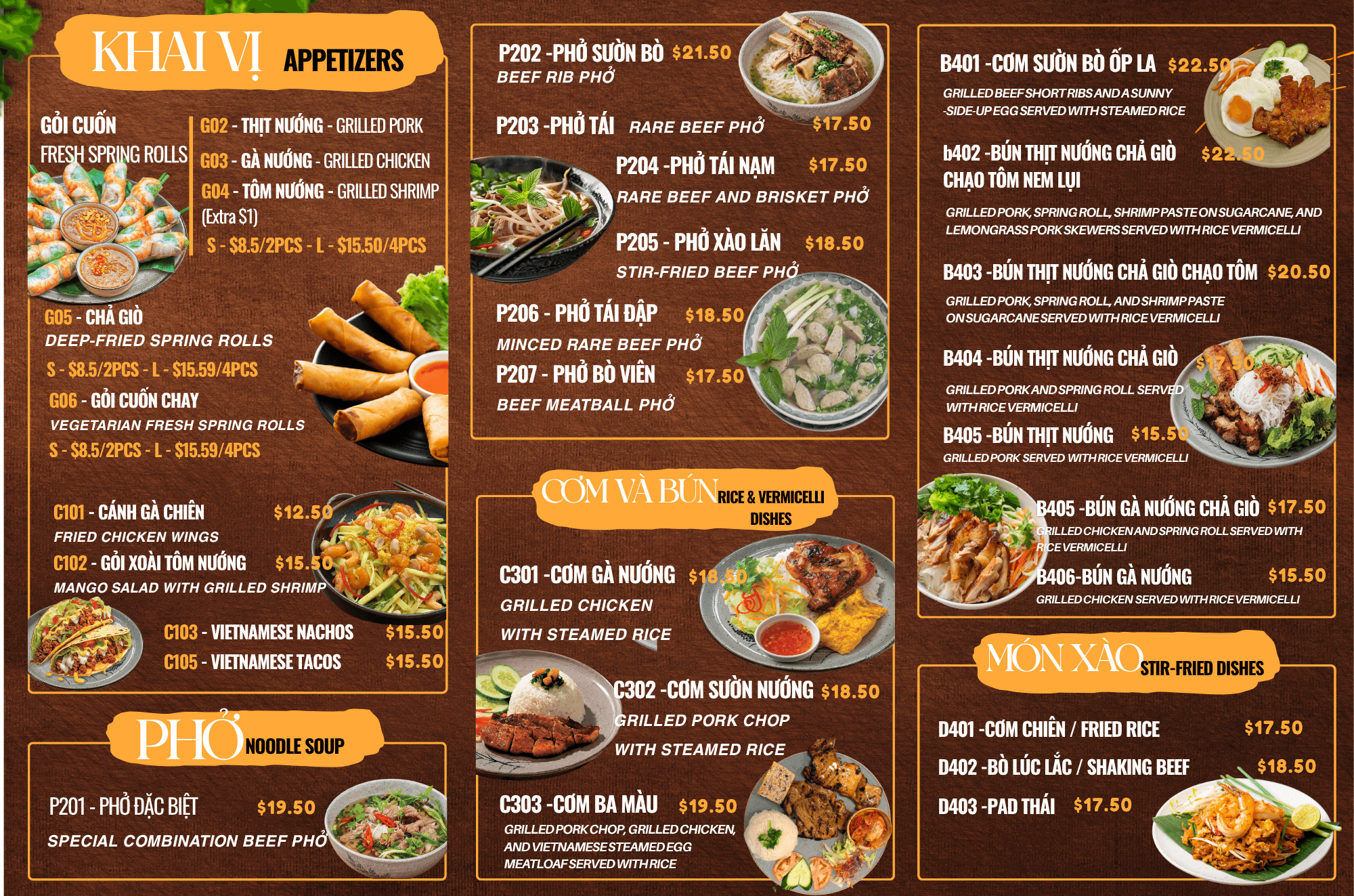 Vietnamese menu featuring appetizers, pho, rice and vermicelli dishes, and stir-fried items with photos.